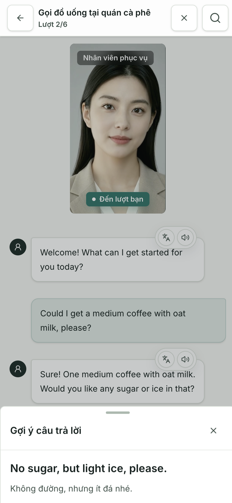 Phiên hội thoại mobile có câu người học, phản hồi của AI và gợi ý câu trả lời đang mở
