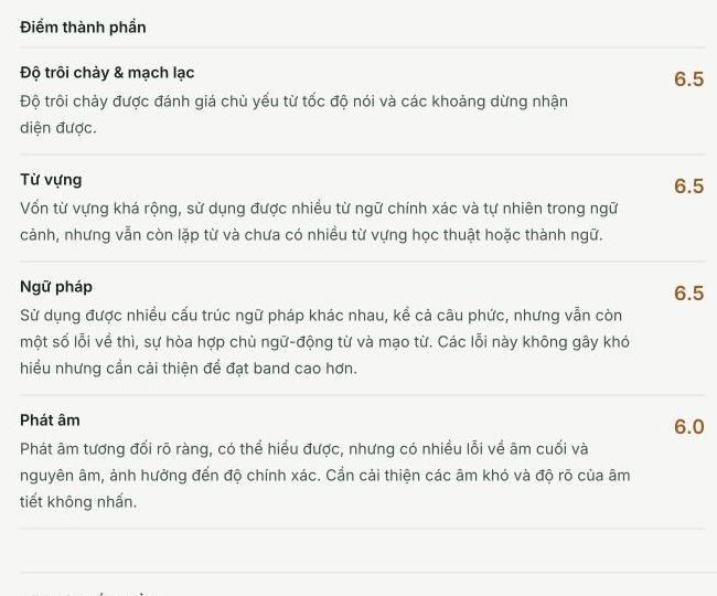 Điểm thành phần gồm độ trôi chảy, từ vựng, ngữ pháp và phát âm